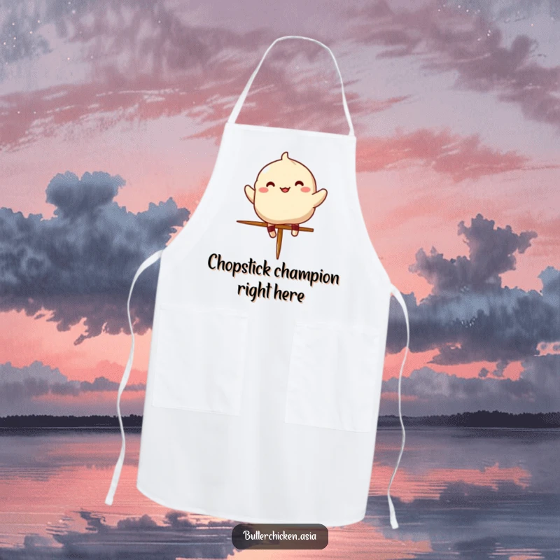 Funny dumpling apron showing a cheerful character in motion, about to jump over a tiny chopstick while cooking.