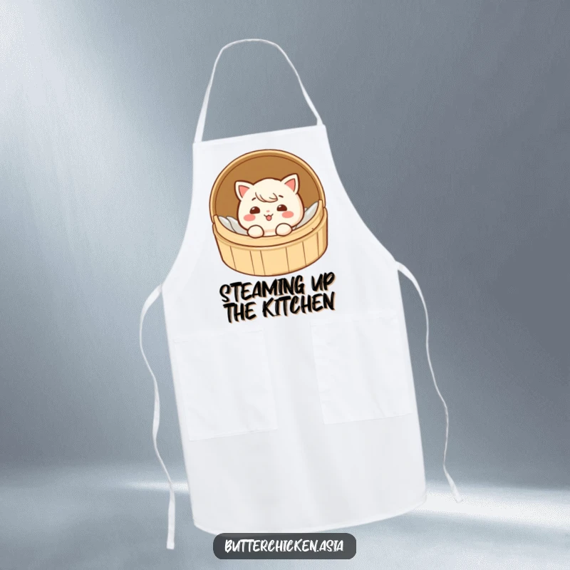 Funny dim sum apron showing a giggling character peeking out from a small bamboo steamer, ideal for cooks.