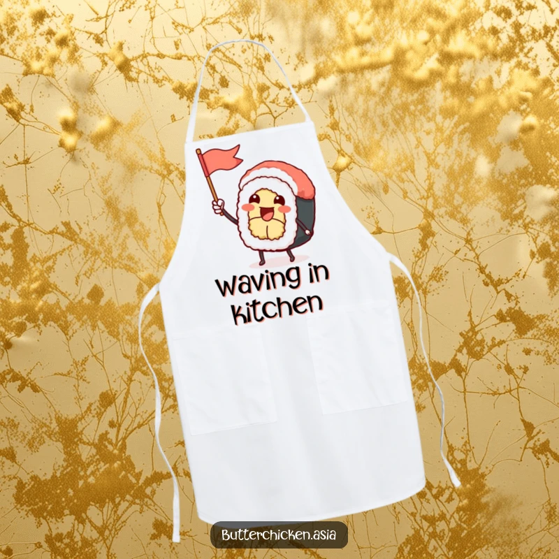 Funny Sushi Roll Apron: a happy sushi character waves a tiny flag while cooking. A fun and practical funny gift for chefs.