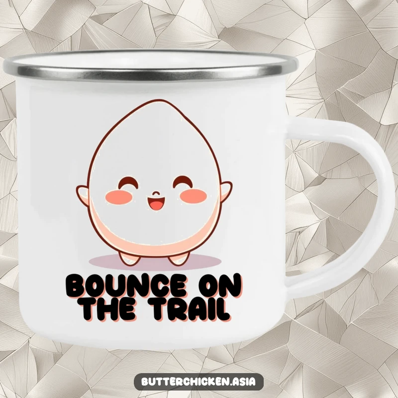 Funny Camping Mug with a bouncy mochi character joyfully leaping, ready for outdoor brews and energy.