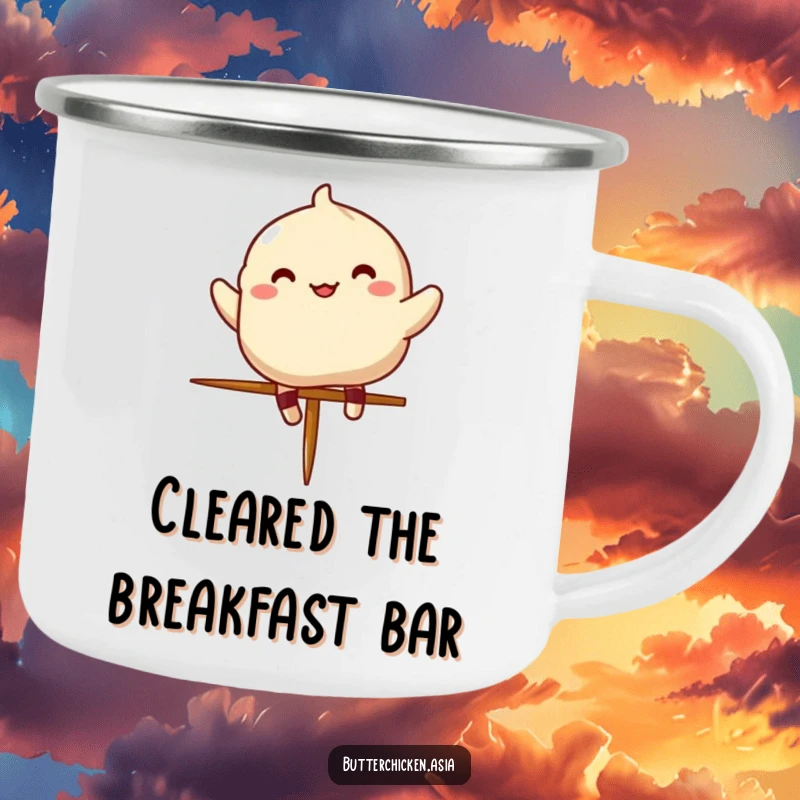 Funny dumpling camping mug showing a happy character about to jump over a miniature chopstick, perfect for hiking.