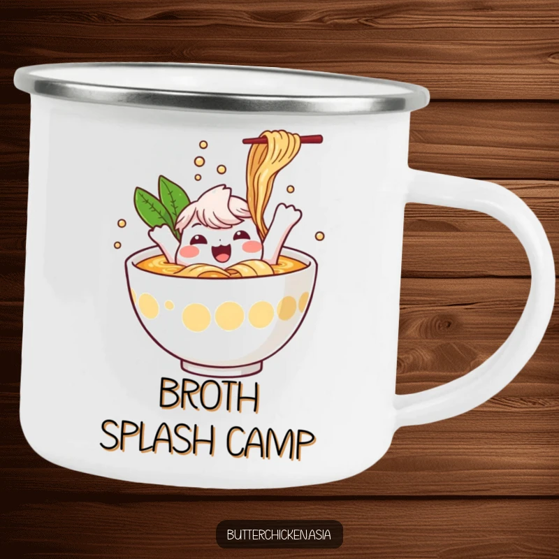 Funny Ramen Camping Mug: a cheerful ramen bowl character splashes happily in broth. Durable and fun for a funny gift.