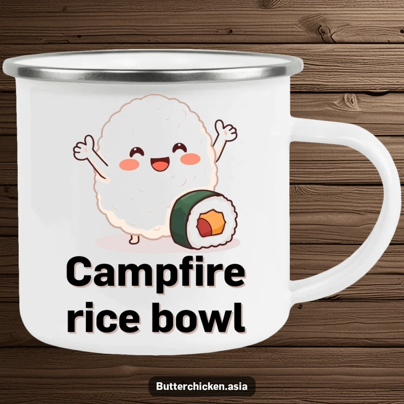 Funny Camping Mug showcasing a smiling blob of rice waving joyfully near a small sushi roll, ideal for humorous outdoor beverage enjoyment.