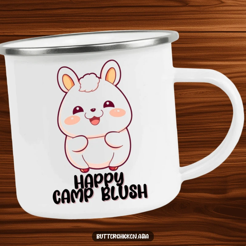 Funny Camping Mug with a giggling bao bun character blushing happily, ready for outdoor brews and smiles.