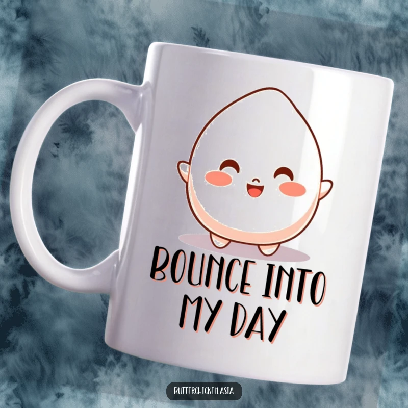 Funny Mug featuring a bouncy mochi character mid-jump with a joyful expression, radiating energetic happiness.