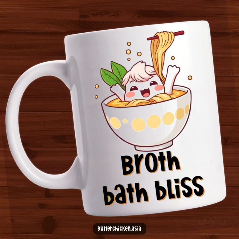 Funny Ramen Mug: a cheerful ramen bowl character splashes happily in broth. A fun and delicious funny gift for noodle enthusiasts.