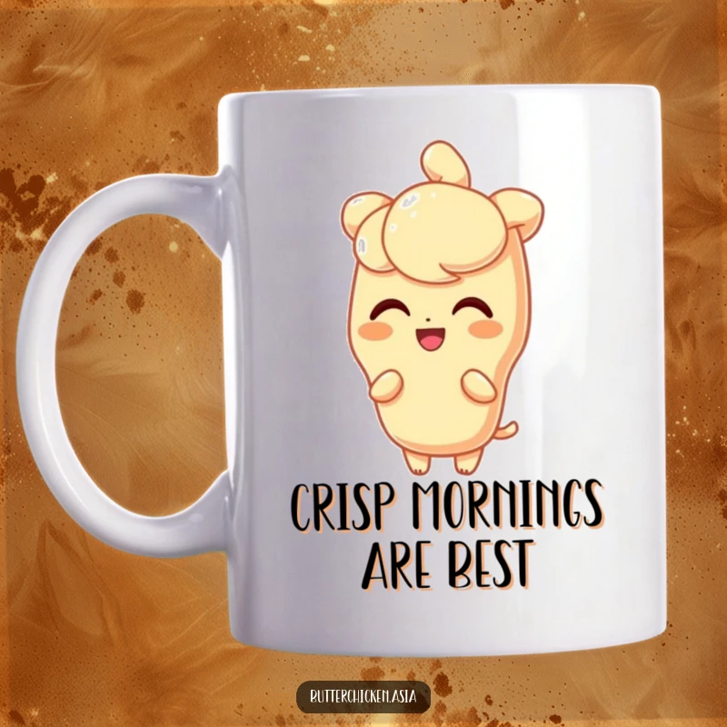 Funny Mug featuring a delighted tempura character with a light, crisp shine, radiating happiness.