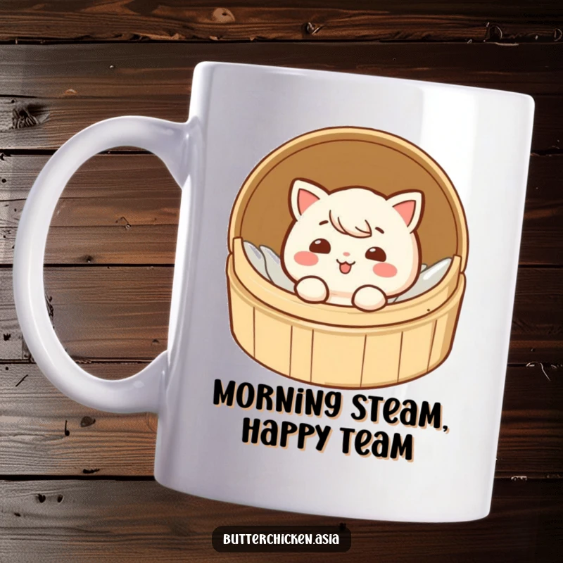 Funny dim sum mug showing a happy character giggling while peeking out from a small bamboo steamer.