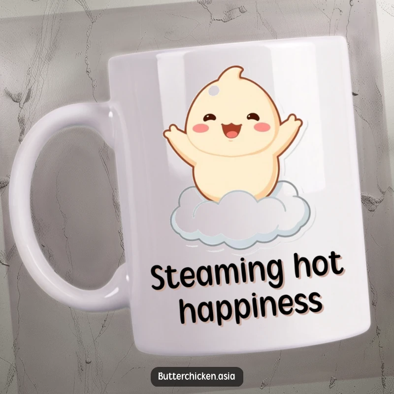 Funny dumpling mug featuring a playful character joyfully bouncing on a fluffy cloud, embodying pure happiness and lighthearted fun.