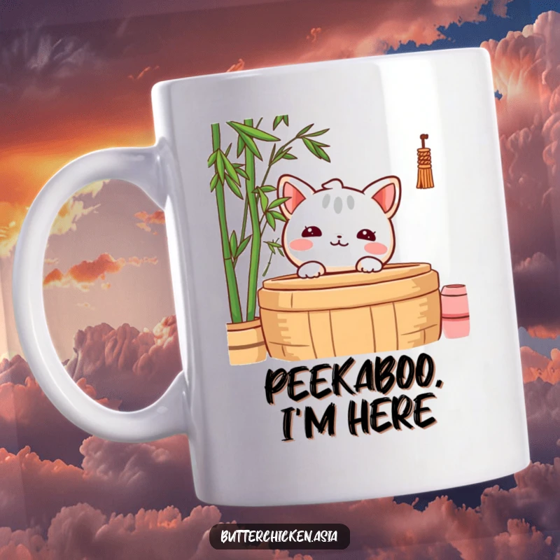 Funny Mug featuring a shy wonton character hesitantly peeking from behind a bamboo steamer, conveying bashfulness.