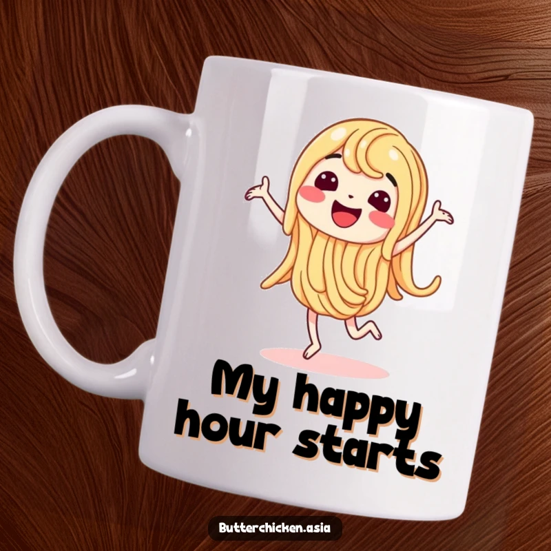 Funny Mug showing a wiggling noodle character doing a joyful happy dance, ready for your favorite beverage.