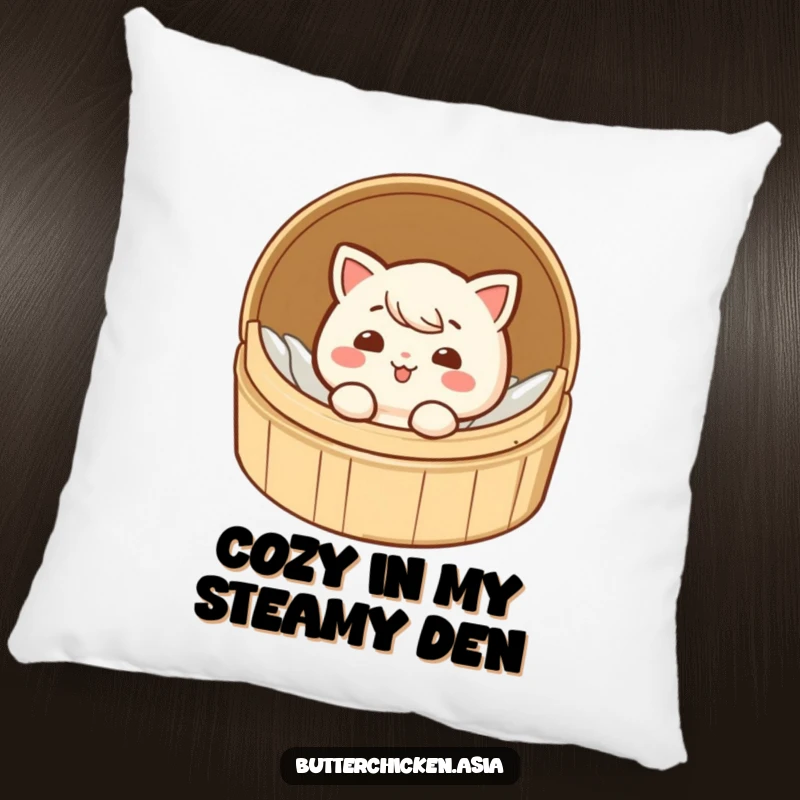 Funny dim sum pillow featuring a giggling character with a mischievous grin peeking out from a bamboo steamer.