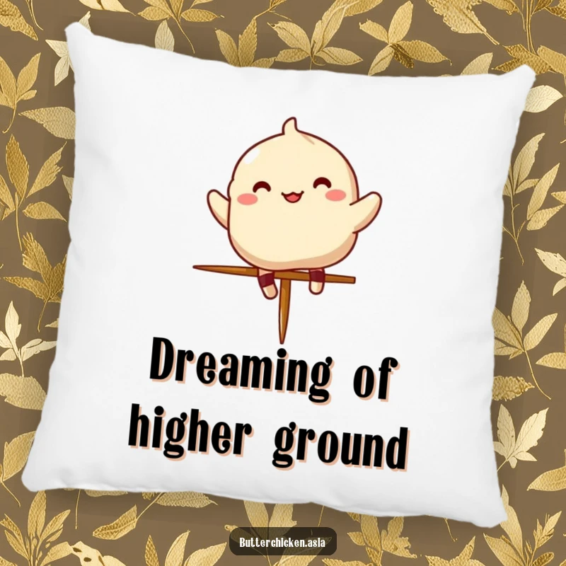 Funny dumpling pillow featuring a cheerful character leaping happily over a tiny chopstick, perfect for sofas or beds.