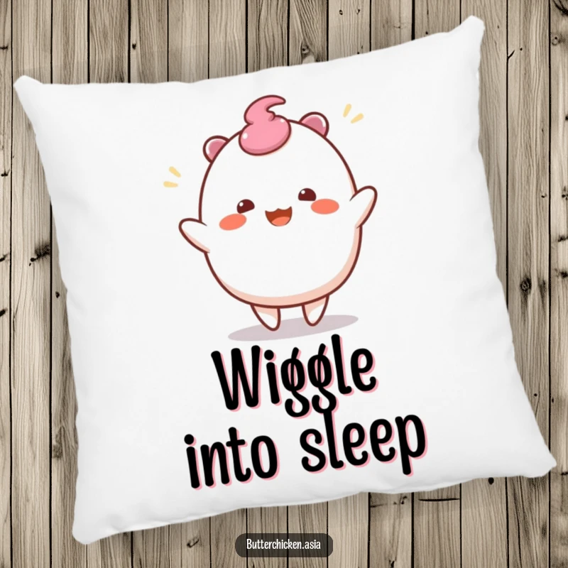 Funny Mochi Pillow: a wobbly mochi character does a joyful wiggle dance. Soft decor for a sweet and funny gift.