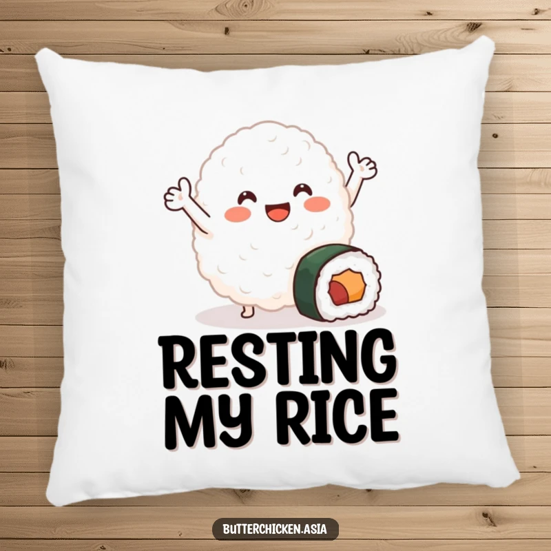 Funny Pillow featuring a smiling blob of rice with tiny arms joyfully waving near a small sushi roll, offering soft, cute food comfort.