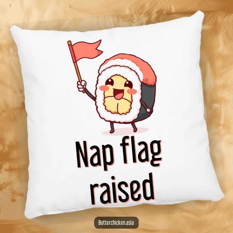 Funny Sushi Roll Pillow: a happy sushi character waves a flag, offering comfort. A soft and funny gift for relaxation.