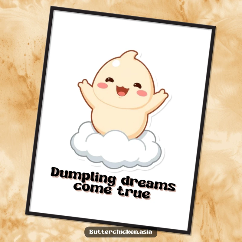 Funny dumpling digital art print of a playful character joyfully bouncing on a cloud, ideal for whimsical wall decor downloads.