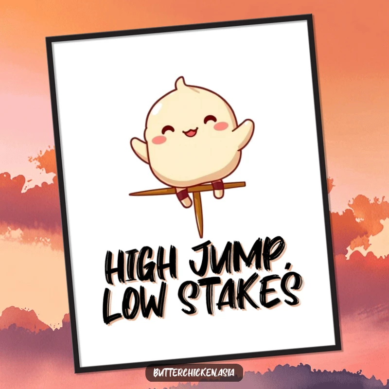 Funny dumpling digital art print of a cheerful character joyfully jumping over a tiny chopstick, ready for download.
