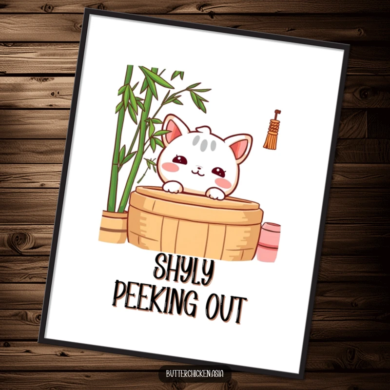 Funny Digital Art Print of a shy wonton character peeking from behind a bamboo steamer, conveying endearing timidity.