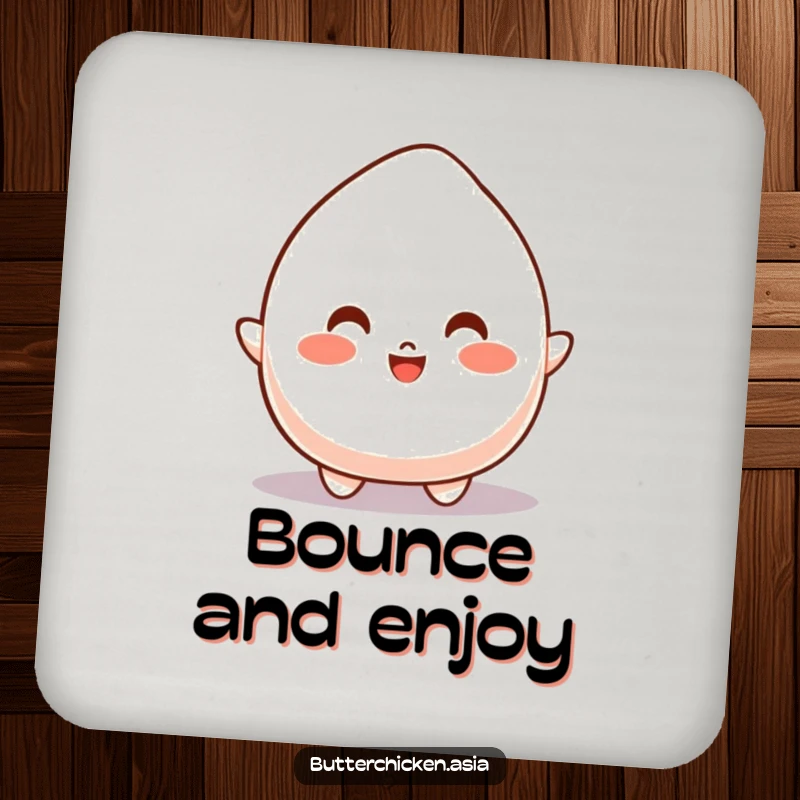 Funny Drink Coaster showcasing a bouncy mochi character joyfully leaping, adding energetic protection.