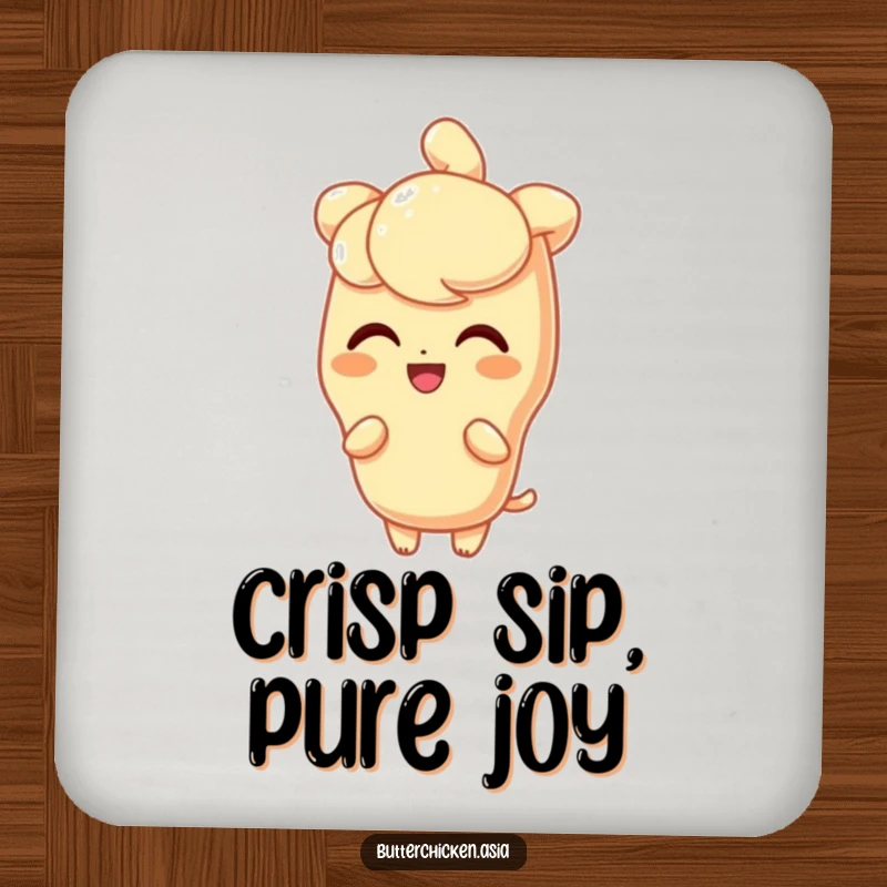 Funny Drink Coaster showcasing a delighted tempura character with a light, crisp shine, adding sparkling protection.