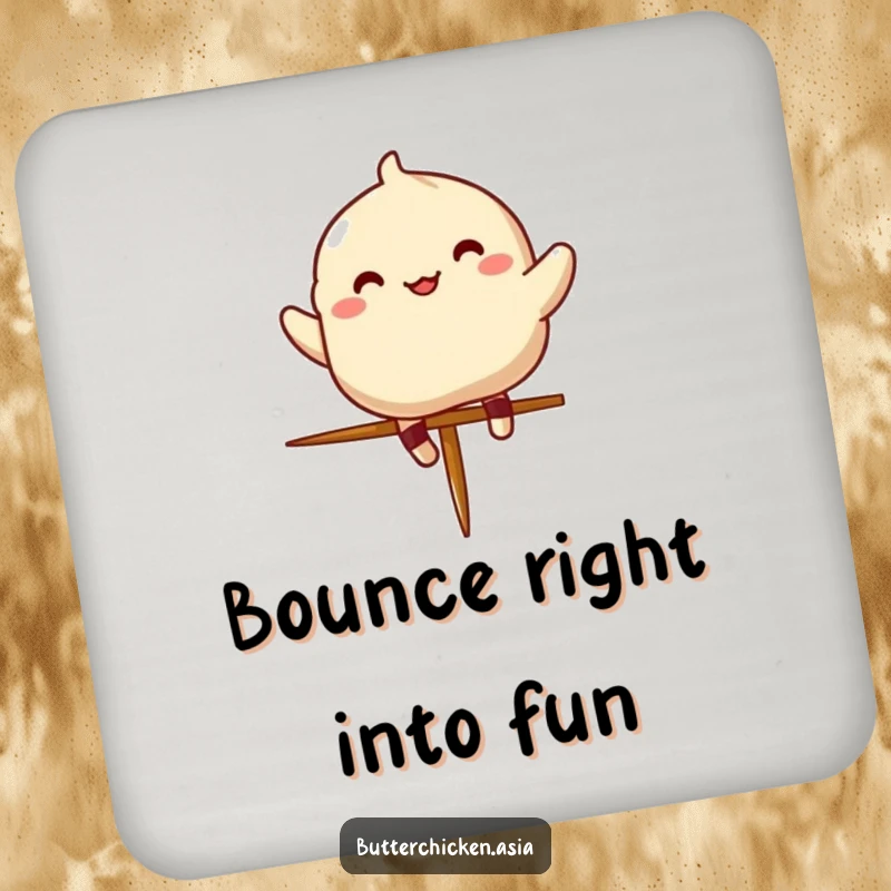 Funny dumpling drink coasters featuring a cheerful character leaping over a tiny chopstick, protecting surfaces with humor.