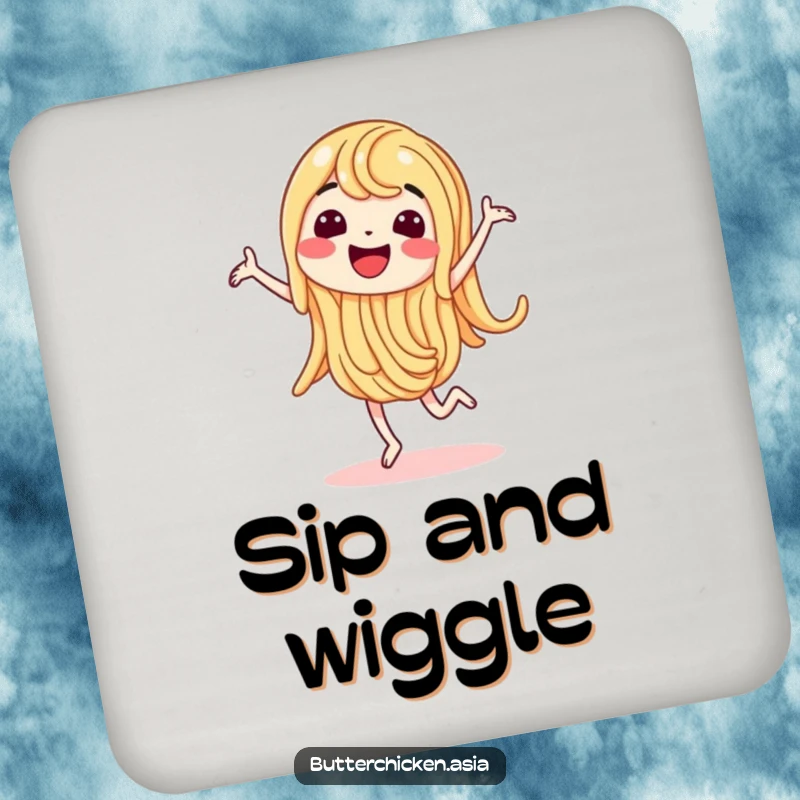 Funny Drink Coaster showcasing a wiggling noodle character doing a happy dance, adding cheerful protection.
