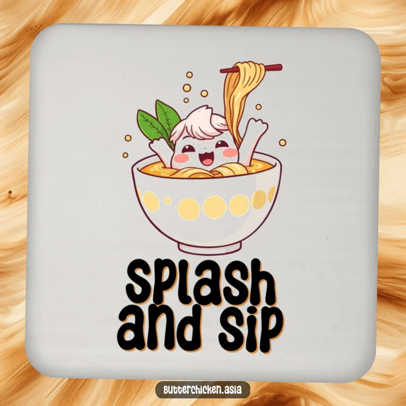 Funny Ramen Coaster: a cheerful ramen bowl character splashes happily in broth. Protects surfaces with a fun and funny gift.