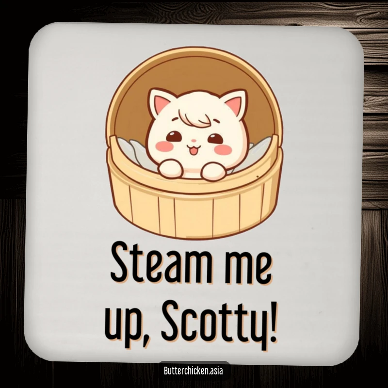 Funny dim sum drink coasters featuring a giggling character peeking out from a small bamboo steamer, protecting tables.