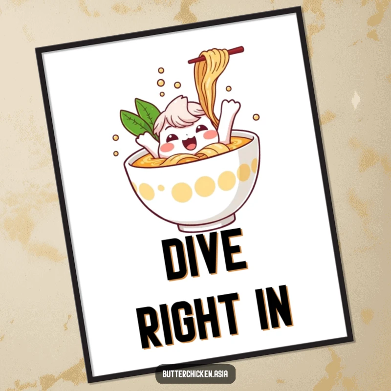 Funny Ramen Poster: a cheerful ramen bowl character splashes joyfully in broth. Fun wall art for a delicious and funny gift.