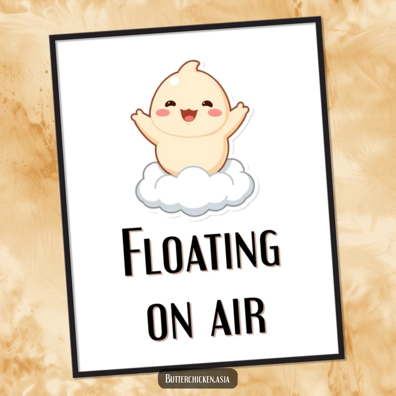 Funny dumpling poster featuring a playful character joyfully bouncing on a fluffy cloud, creating cheerful and whimsical wall art.