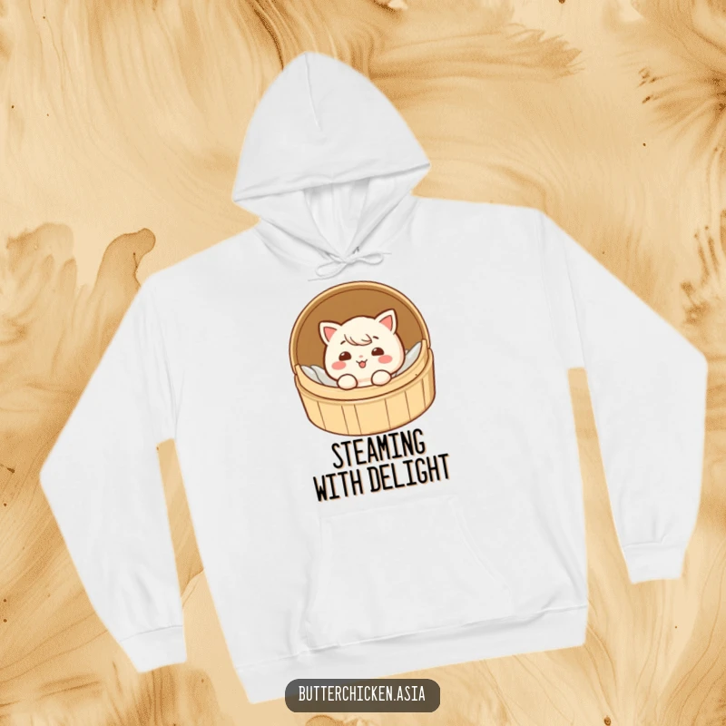 Funny dim sum hoodie showing a character with a playful grin, peeking out from a small bamboo steamer.