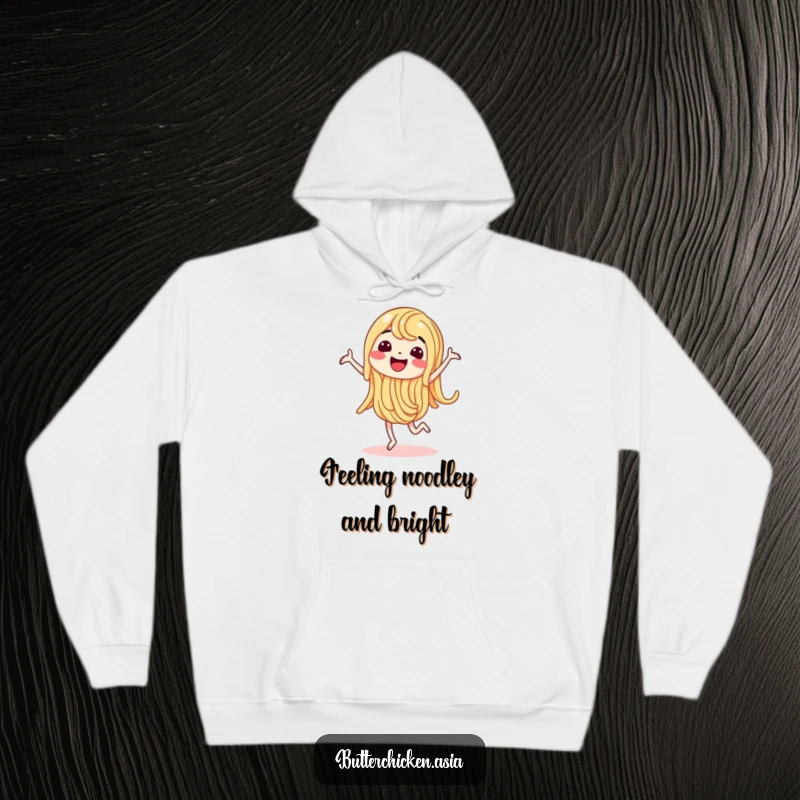 Funny Hoodie showcasing a wiggling noodle character doing a happy dance, offering warmth and humorous charm.