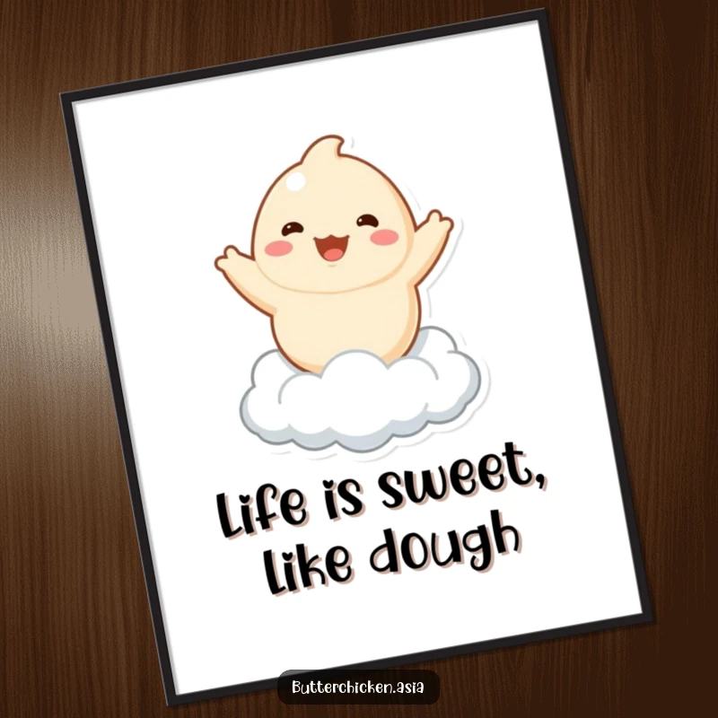 Funny free printable dumpling wall art: Playful dumpling character joyfully bouncing on a fluffy cloud, a whimsical and cheerful decor piece.