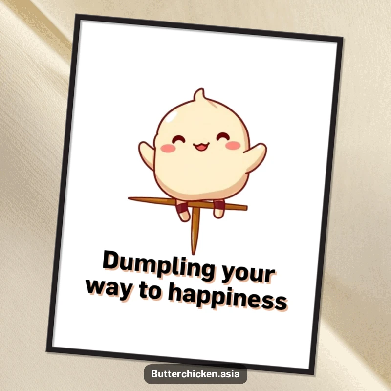 Funny Free Printable Wall Art: A cheerful dumpling character performing a dynamic jump over a tiny chopstick, full of life.