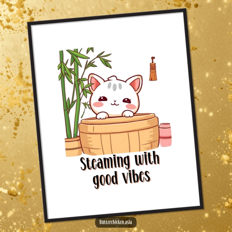 Funny Free Printable Wall Art: A shy wonton character peeking curiously from behind a bamboo steamer, adding a touch of whimsy.