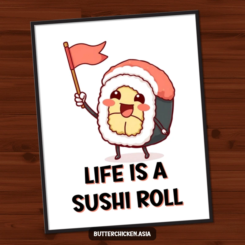 Funny Free Printable sushi roll character waving a tiny flag energetically, perfect for humorous downloadable wall art.