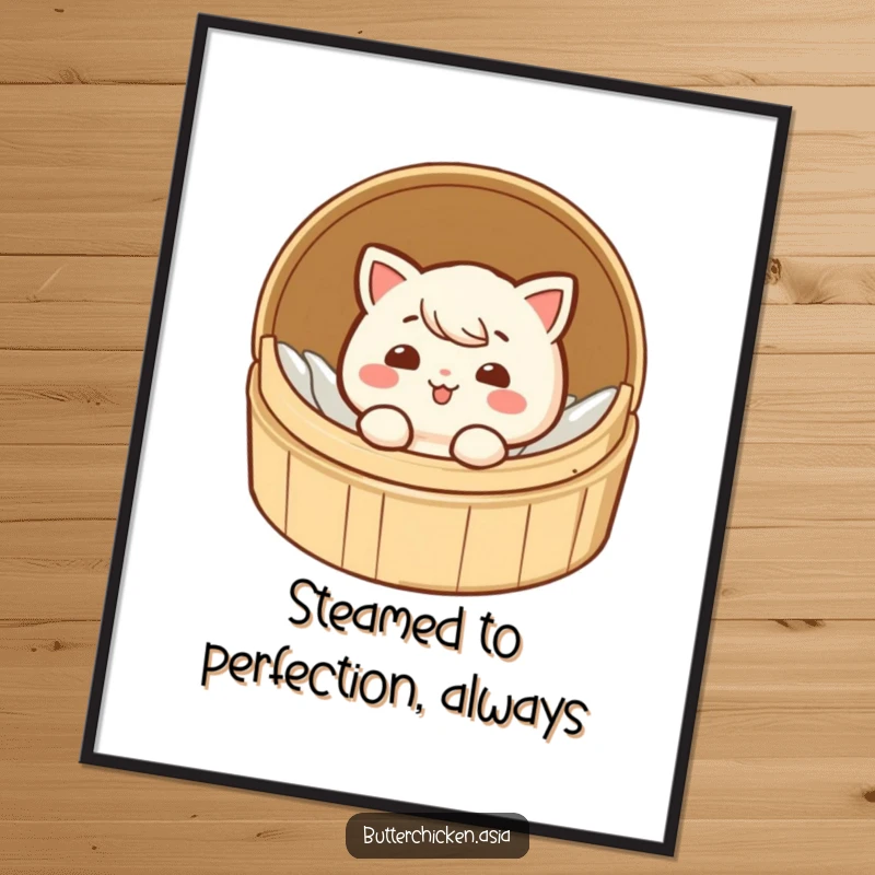 Funny Free Printable Wall Art: A charming dim sum character caught giggling while peeking out from a small, traditional bamboo steamer.