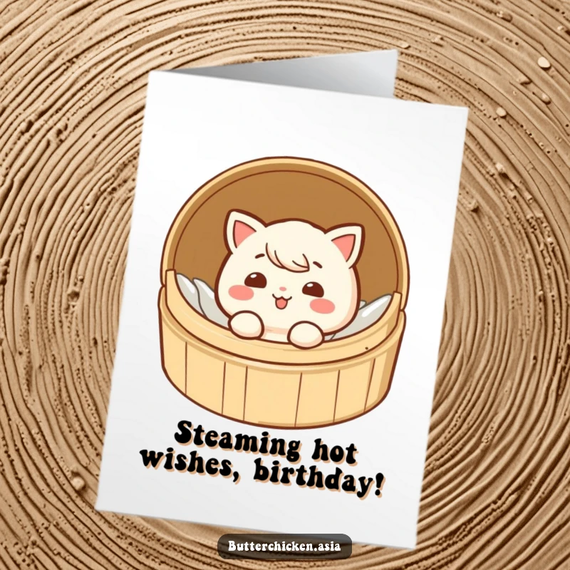 Funny Free Printable Birthday Card: A cute dim sum character peeking out from a bamboo steamer, with a mischievous giggle.