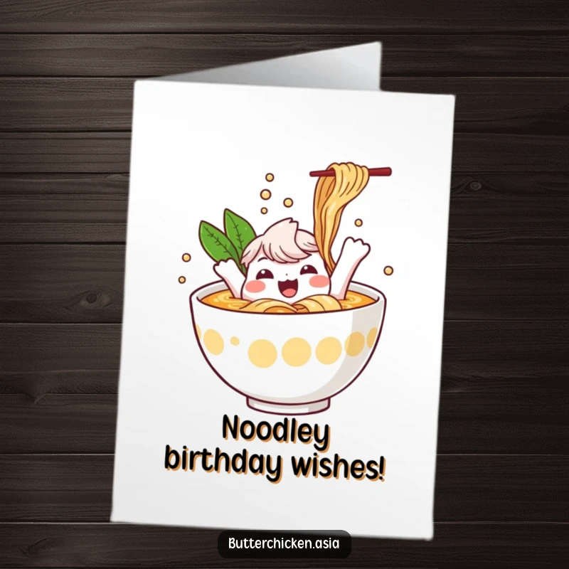 Funny Free Printable cheerful ramen bowl character happily splashing in broth, perfect for a birthday card.