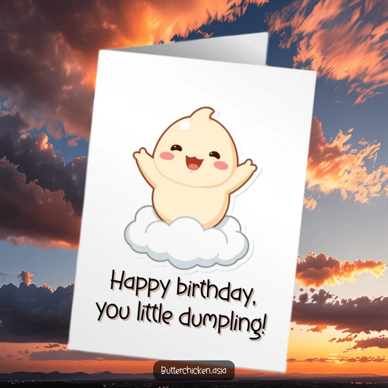 Funny free printable dumpling card: Playful dumpling character joyfully bouncing on a fluffy cloud, celebrating a birthday with pure delight.