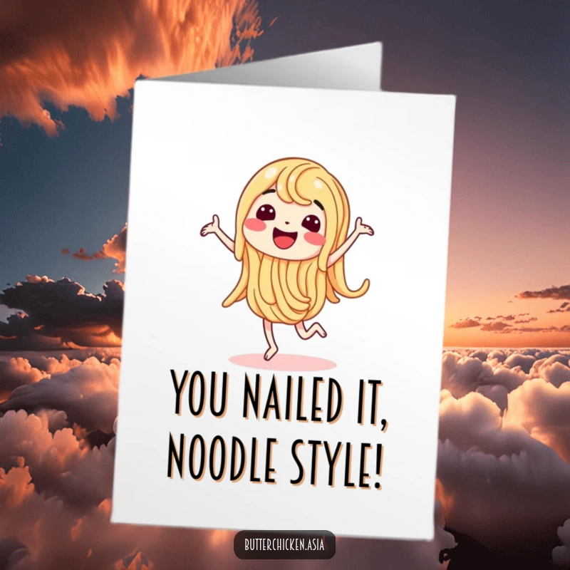 Funny Free Printable Congratulations Card: A wiggling noodle character enthusiastically performing a happy dance to celebrate achievements.