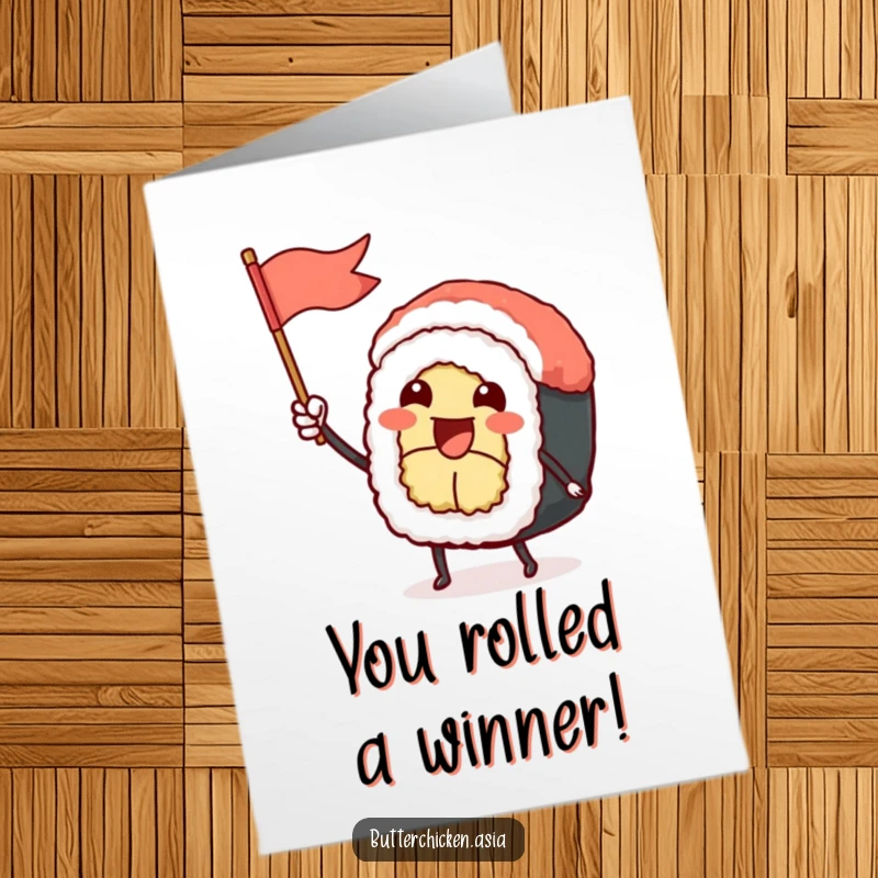 Funny Free Printable sushi roll character waving a tiny flag excitedly, ideal for a congratulations card.