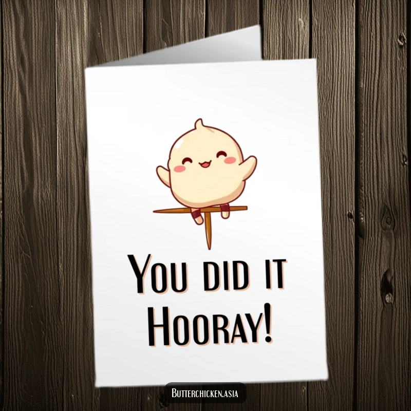 Funny Free Printable Congratulations Card: Ecstatic dumpling celebrating a big win with an energetic jump, full of excitement.