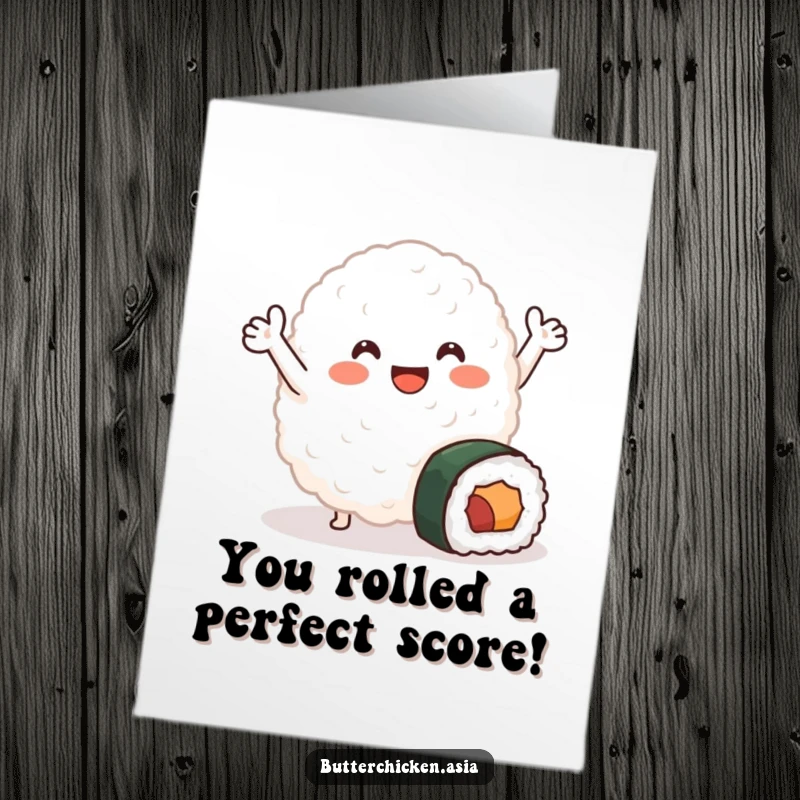 Funny Free Printable Rice Blob Congratulations Card - Smiling rice blob waving near sushi roll, cute and perfect for foodie DIY congrats.