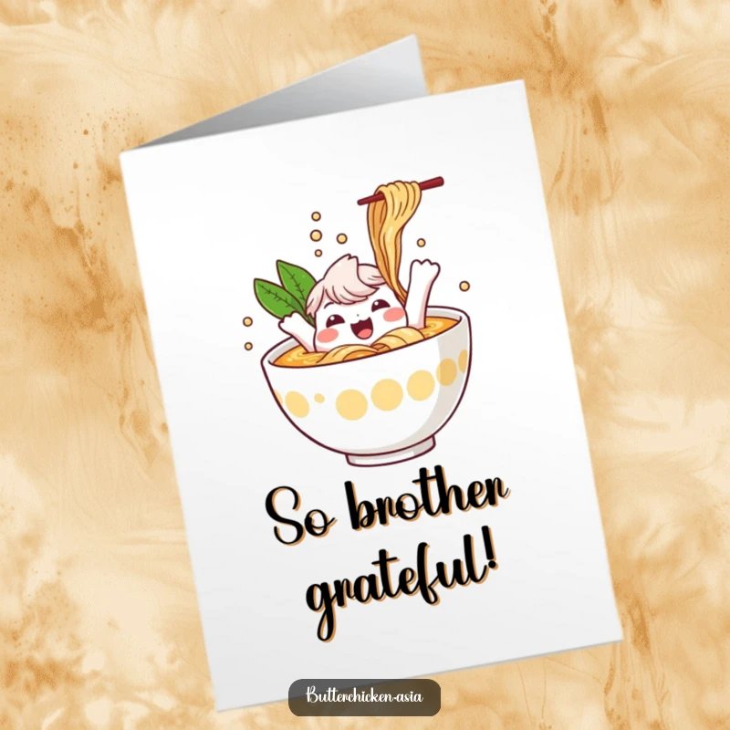 Funny Free Printable cheerful ramen bowl character happily splashing in broth, perfect for a thank you card.
