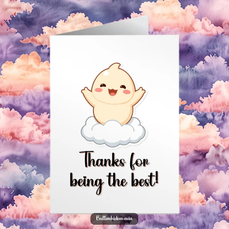 Funny free printable dumpling card: Playful dumpling character bouncing on a cloud, sending thanks with whimsical charm.