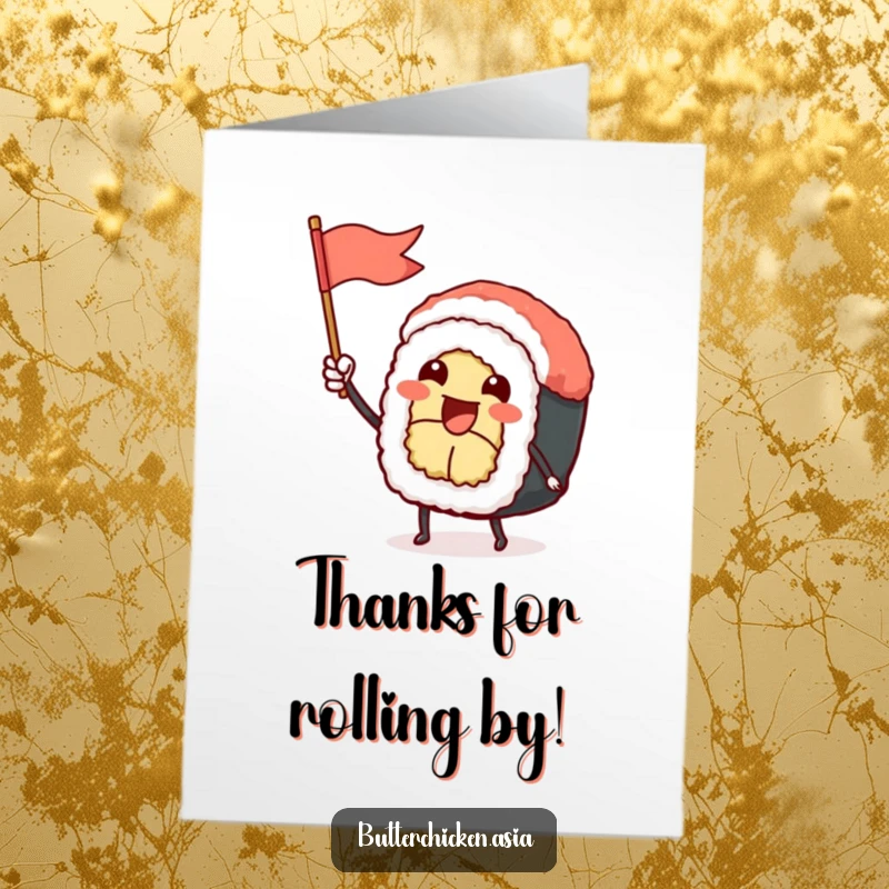 Funny Free Printable sushi roll character waving a tiny flag excitedly, suitable for a thank you card.