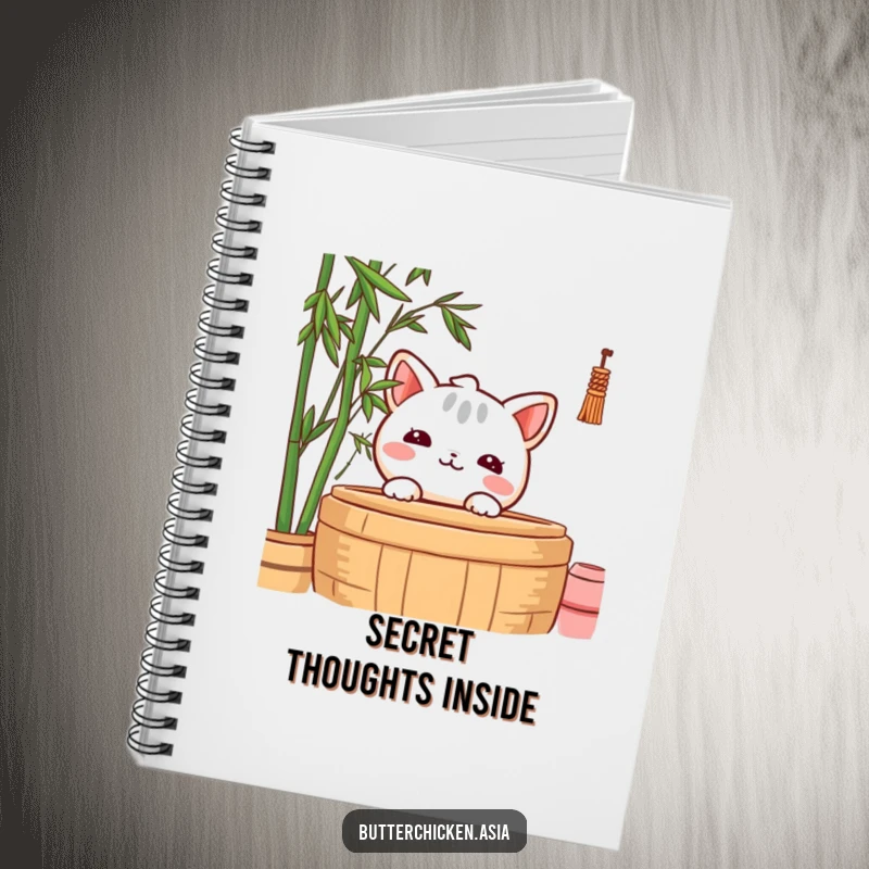 Funny Notebook with a shy wonton character peeking from behind a bamboo steamer, perfect for jotting down thoughts.