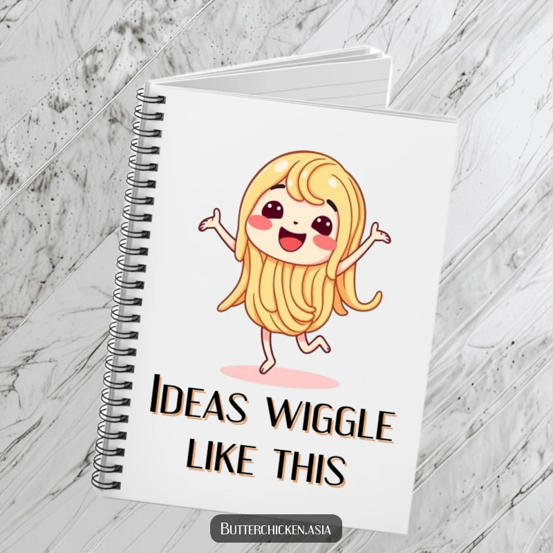 Funny Notebook with a wiggling noodle character doing a happy dance, perfect for capturing creative ideas.